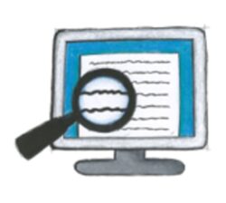 Computer displaying text with magnifying glass over the top