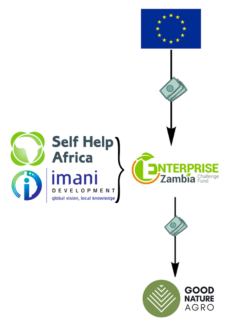 Arrow from EU with money on it goes to Enterprise Zambia (looked over by Self Help Africa and Imani development) and then a second srrow with money on it goes from Enterprise Zambia to Good nature agro