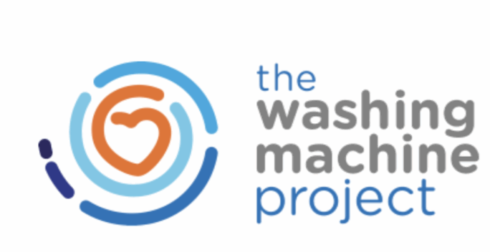 'the washing machine project' next to a heart in a blue swirl